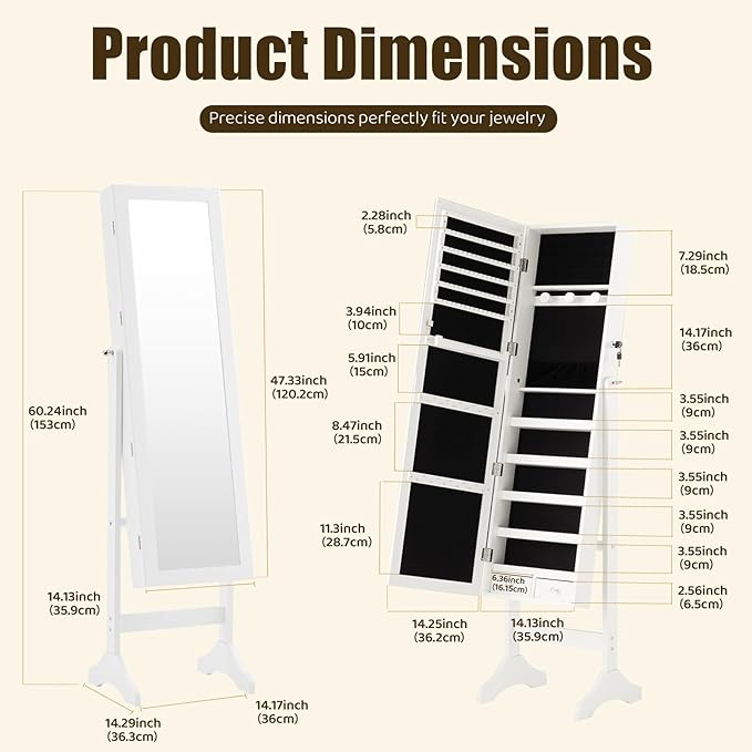 Sweetcrispy Freestanding Jewelry Armoire Cabinet, 47.3-Inch Full Length Jewelry Organizer Standing Mirror, Tall Lockable Large Capacity Makeup Organizer Storage, Velvet Lining, 3 Angles, White