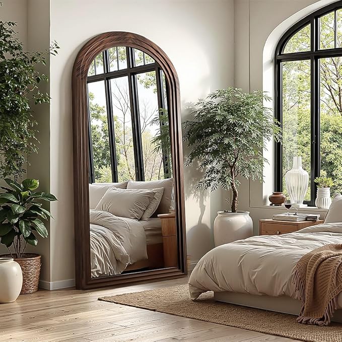 Delma Arched Full Length Floor Mirror with Stand, 55x24 Rustic Farmhouse Solid Wood Frame Wall Mirror for Bedroom, Living Room, Vertical Hanging & Standing(Brown)