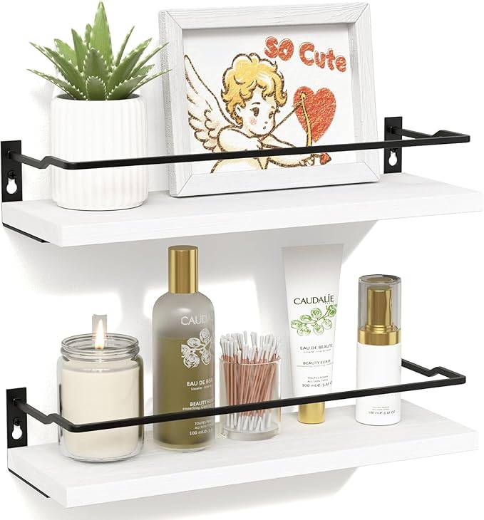 RICHER HOUSE White Bathroom Shelves, Small Floating Wall Mounted Shelf for Bathroom Decor, Guard-Rail Wood Shelving Organizer Over Toilet Kitchen Storage Shelves Set of 2 - White