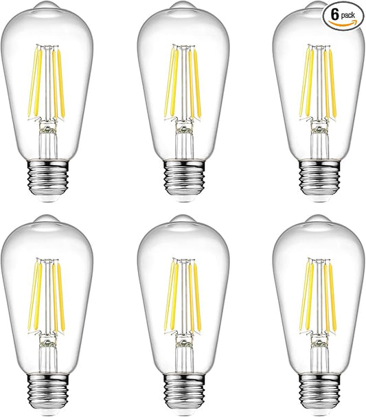 Ascher Vintage LED Edison Bulbs, 6W, Equivalent 60W, Non-Dimmable, High Brightness Cool White 4000K, ST58 Antique LED Filament Bulbs with 80+ CRI, E26 Medium Base, Clear Glass, Pack of 6