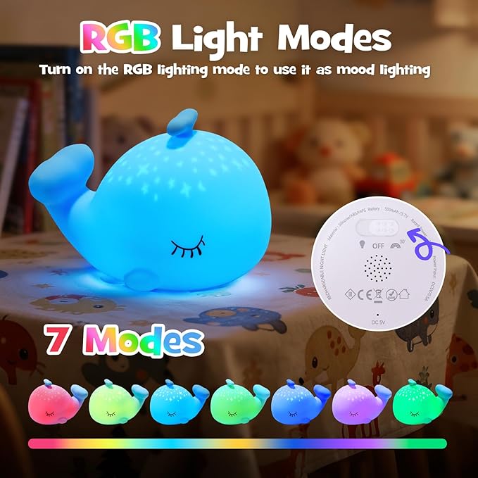 Whale Night Light Squishy Silicone Nursery Breastfeeding Nightlight with Timer 3-Level Warm White RGB Color Modes Cute Whale Lamp Rechargeable Touch Bedside Desk Sea Animal Lamp for Bedroom Dorm Decor