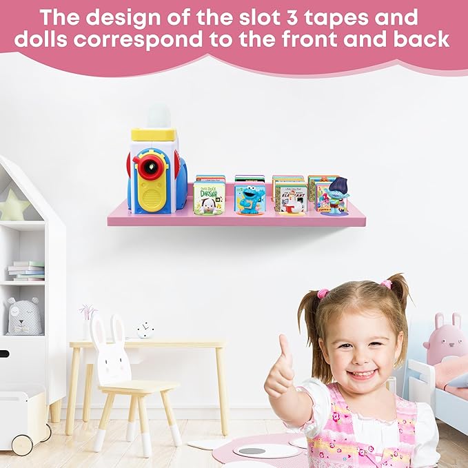 PHOENANCEE Floating Shelves for Little Tikes Story Dream Machine,Wall Shelf for Little Tikes Projector Books Audio Play Character Storage Tray Organizer for Toddlers and Kids Girls Boys,Oak(Pink)