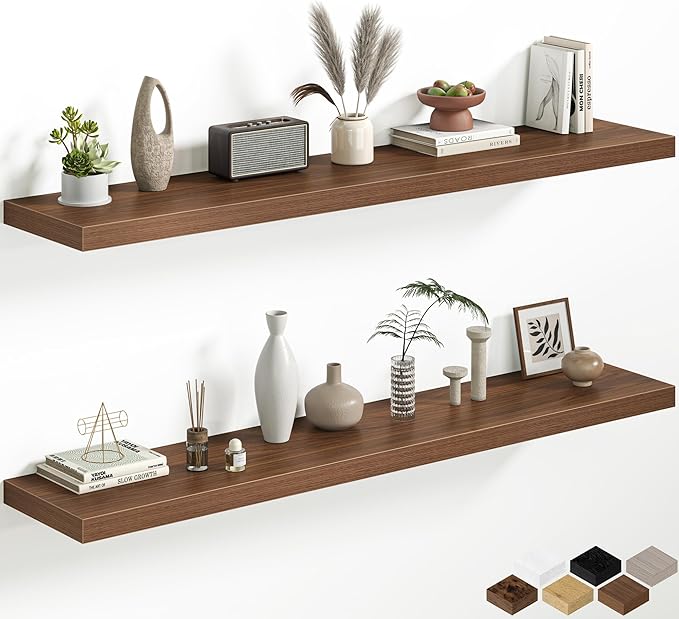 12 Inch Deep Floating Shelves, 60W x 12D Floating Shelf for Books, Rustic Wood Deep Wall Shelves for Home Storage & Display, 1.5" Thicked Shelves for Kitchen, Living Room, Bedroom, Walnut, 2 Pack