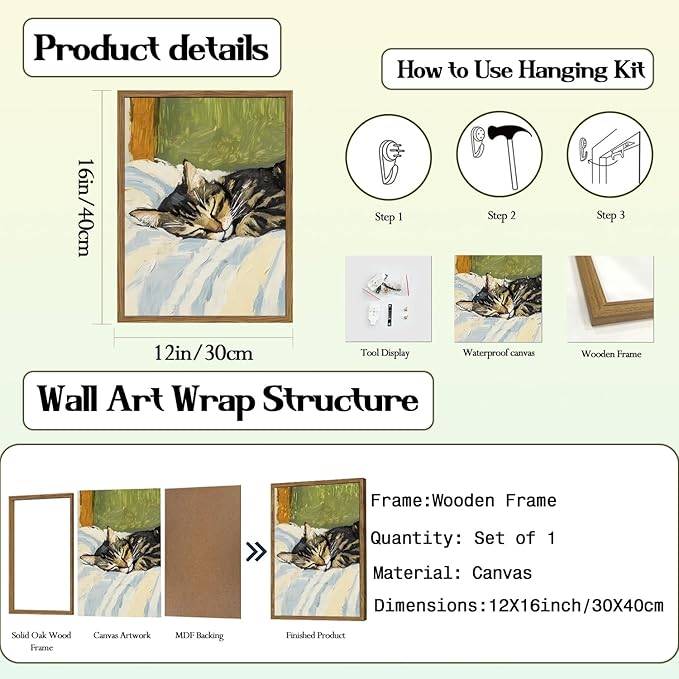 Cute Cat Wall Art, Funny Tabby Cat Sleeping in Bed Wall Decor Painting, Funky Tabby Cats Pet Pictures Vintage Animal Poster Canvas Prints, for Living Room Bedroom 12x16 inch Wood Framed