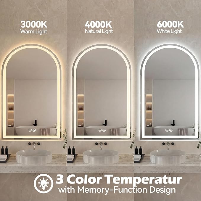 Sweetcrispy 28“×36” LED Bathroom Backlit Mirror with Lights, Arched Vanity Mirror with Anti-Fog, Dimmable, 3-Color Light, Memory Function, Tempered Glass