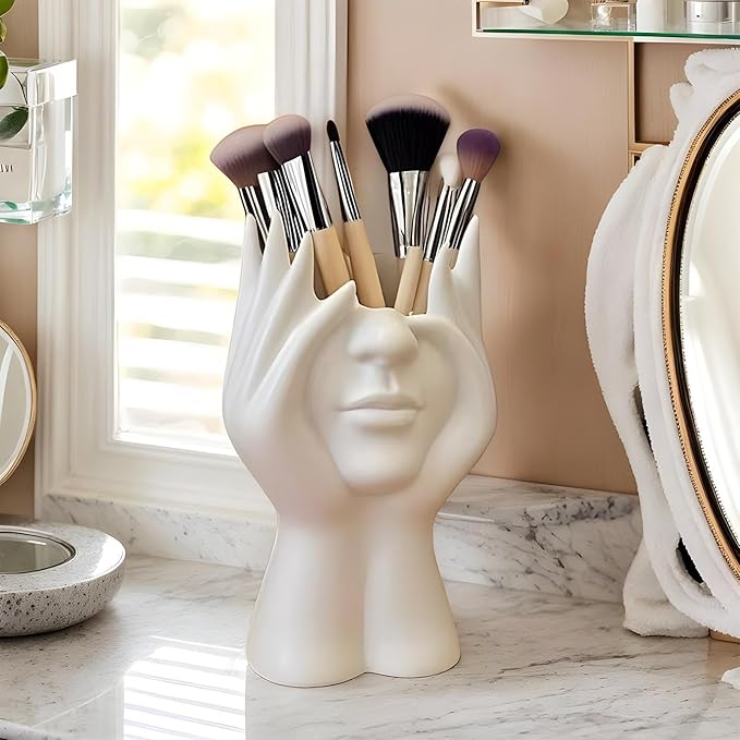 Women's Head Shape Boho Feminist Decoration Body Vase Head Vase Vintage Makeup Brush Holder Boho Makeup Organizer Rotating Makeup Organizer Idealized for Home Decor (white)