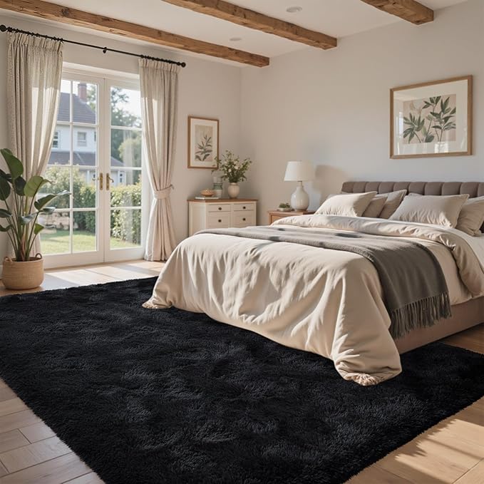 6x9 Ft Large Black Shag Rug for Living Room Bedroom, Ultra Soft Fluffy Furry Area Rug, Aesthetic Carpet for Indoor Floor Home Decor