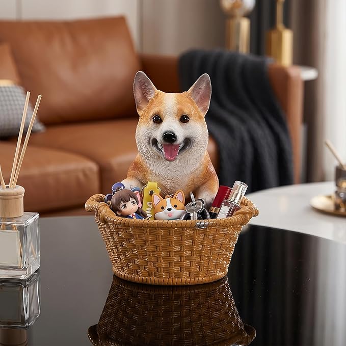 Cute Corgi Candy Bowl, Resin Dog Figurine Key Bowl for Entryway Table, Desktop Storage Basket Organizer for Desk, Unique Dog Lover Gift