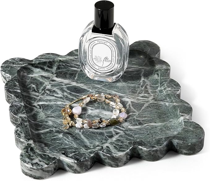 Marble Decorative Tray, Green Square Scalloped Vanity Tray for Coffee Table Decor, Vintage Jewelry Trinket Dish for Rings Earrings, Unique Natural Necklaces Holder for Mom, Nightstand Tray