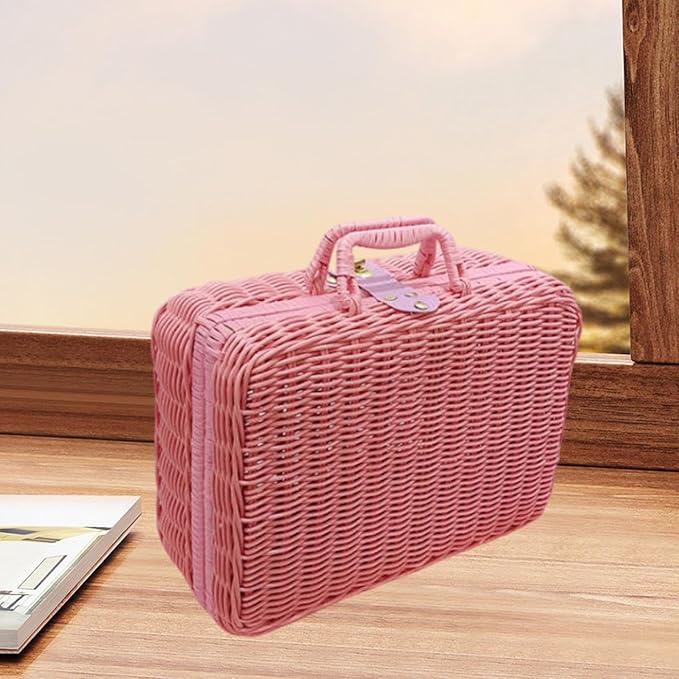 Woven Suitcase Imitation Rattan Storage Basket Sundries Container Gift Box with Handle Makeup Case Picnic Hamper for Desktop, Pink XL