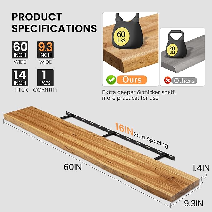 Floating Shelves for Wall, 60"x9.3" Rustic Solid Live-Edge Elm Wood Wall Shelves, Heavy-Duty Floating Shelves with Invisible Brackets for Living Room, Bedroom, and Kitchen, Natural Finish