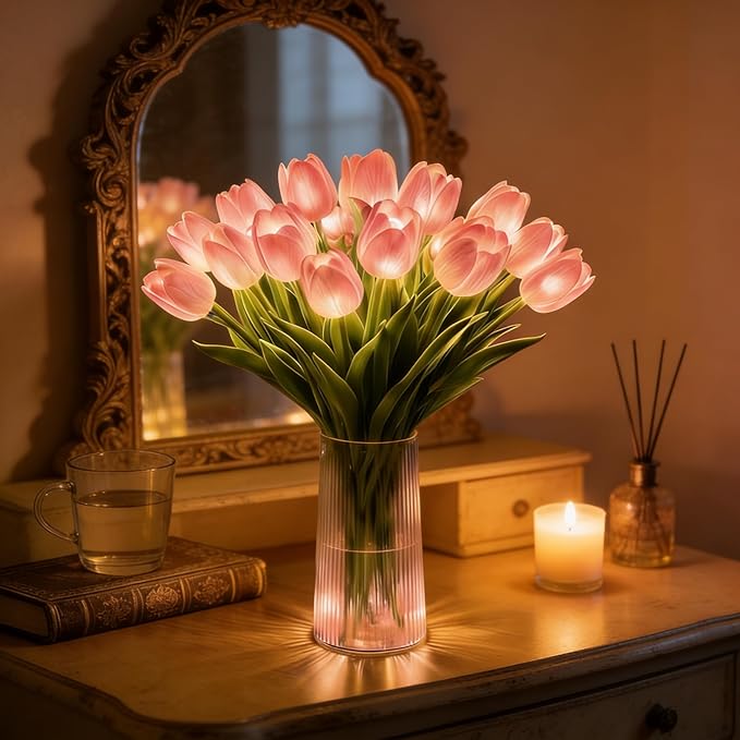 Radiant Romantic Tulip Light with a Vase, 15 PCS Twinkling Tree Tulips Led Night Light that Never Fade, Flower Shaped Ambient Night Lamp for Bedroom Bedside Decor & Gift (Pink)