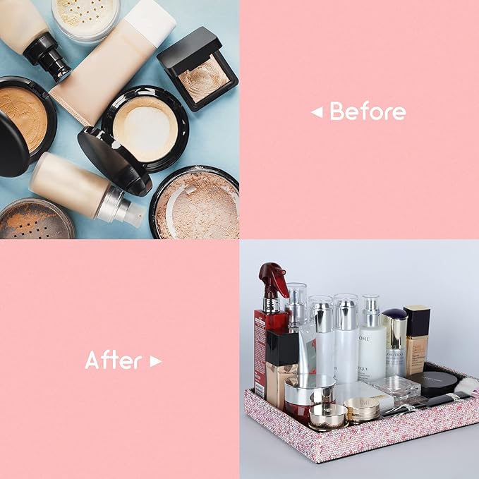 Jewelry or Makeup Storage Box Organizer Display Storage Case Desk for Dresser, Bathroom, Bedroom, and Makeup Perfume,Magnificent Handmade Serving Tray, Handicraft with Glittery Crystal(Pink)