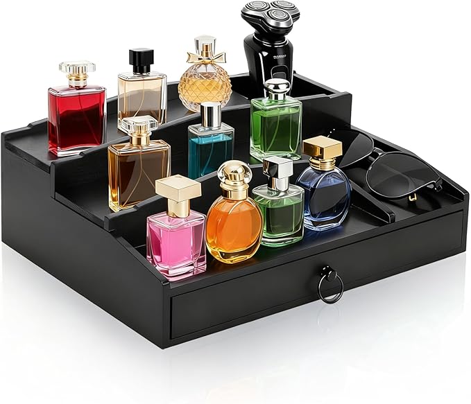Foraineam Perfume Organizer, 3 Tier Wood Perfume Display Stand for Dresser, Black Wooden Fragrance Holder Shelf Display Risers with Felt Lining Drawer and Hidden Compartment