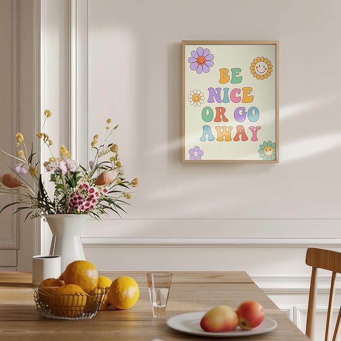 Retro 70s Wall Art 11x14 - Groovy Flower Smiley Face Poster with Positive Quote - Teen Girls Bedroom Decor - Colorful Hippie Room Decoration - Vintage Style Print for Girly Bedroom - Unframed