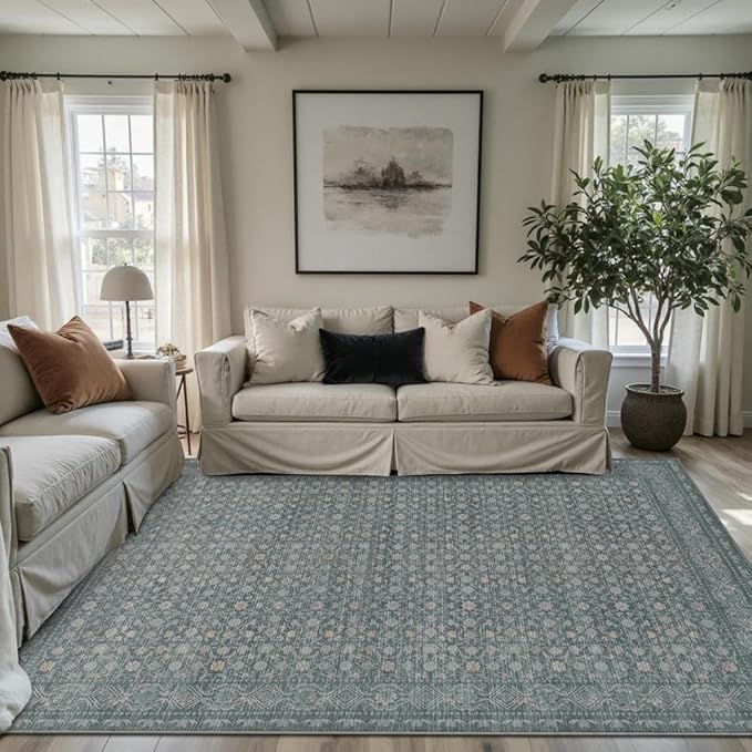 Area Rugs 5x7, Washable Rugs for Living Room, Vintage Boho Light Blue Rug for Dining Room, Dining Room, Kids Room and Farmhouse, Durable Low Pile Non-Slip Area Rug for High Traffic Areas(Blue)