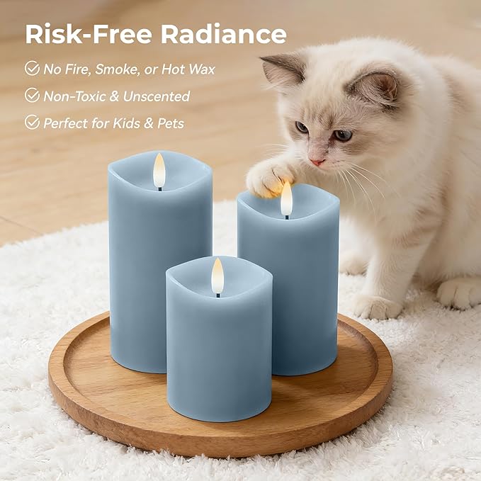 Blue Flameless Candles with Remote and Timer, Real Wax Made LED Pillar Candles Battery Operated with 3D Flickering Flame Melted Edge, 3" x 4",5",6", Set of 3 (Pastel Blue)