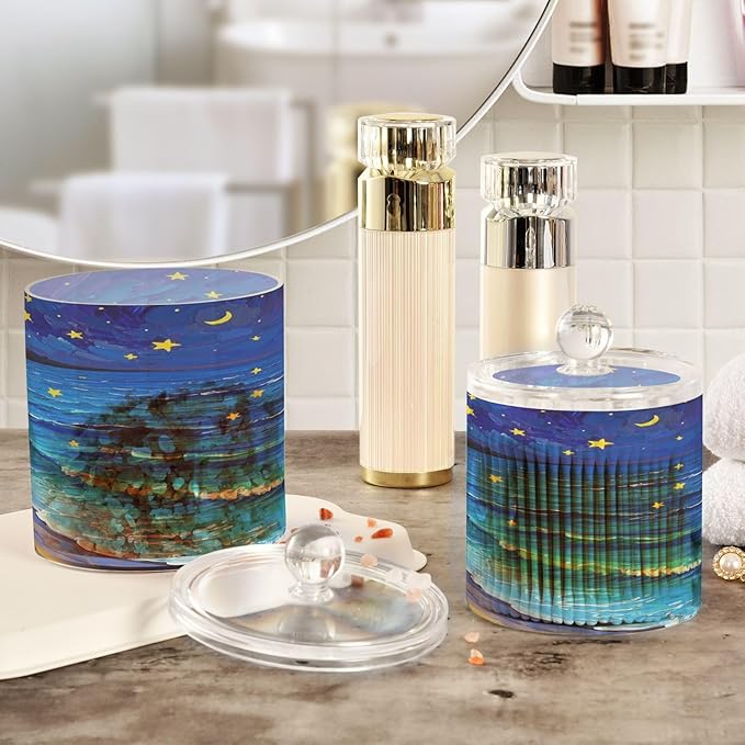 Art Starry Beach Clear Plastic Makeup Organizer Storage with lid Pantry Essentials Decorative storage bin for Cotton Swabs,Cotton Pads,Floss Picks,Paper Clips,Hair Clips 2 Pack