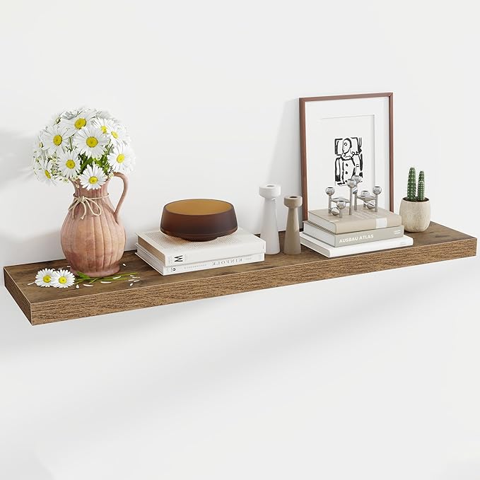 Acovy 48 Inch Floating Shelves, 12 Inch Deep Floating Shelves for Wall, Floating Shelf with Invisible Brackets, Deep Wall Shelves for Bathroom, Bedroom, Living Room, 1 Pack, Brown