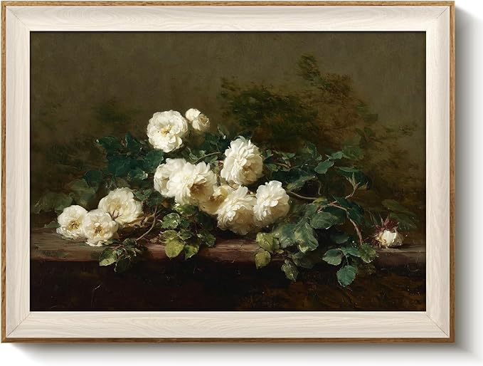VIYYIEA Vintage Framed Wall Art for Living Room, White Rose Canvas Prints, Oil Painting Home Decor, Flowers Picture, Bathroom Wall Decor Gifts for Friends or Family - 16L x 12W