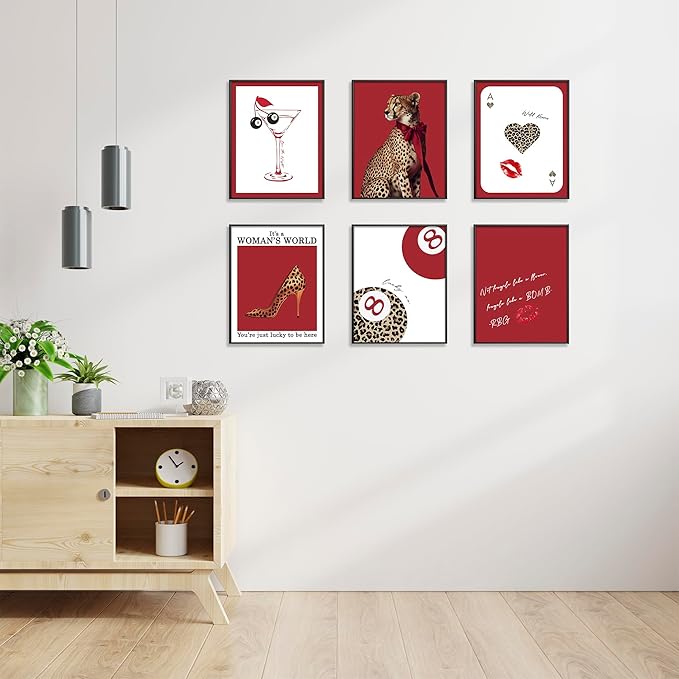 Eastern Print Trendy Red Leopard Wall Art, Set of 6 Cheetah Print Posters, Fashion & Empowerment Decor for Women’s Room, Girl Boss Bedroom Gallery Aesthetic, Unframed (8x10 inch)