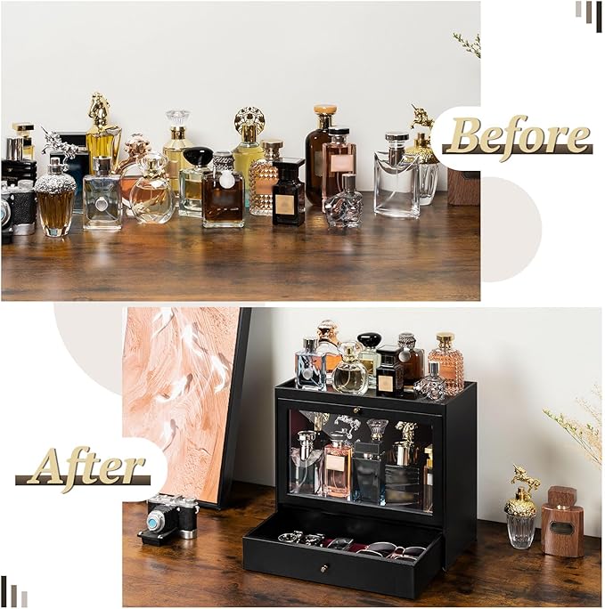 Emfogo Cologne Organizer, Leather Perfumes Organizer for Dresser, Large Capacity Dustproof Cologne Holder with Drawer Storage Perfume Stand Organizer, Ideal Gift for Loved ones