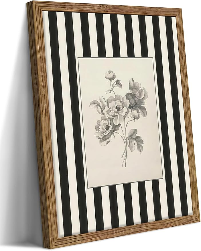 Framed Vintage Floral Wall Art, Black and White Stripes Flower Canvas Wall Decor Paintings, Minimalist Botanical Artwork Print Picture for Living Room Bedroom Bathroom 12x16 Inch