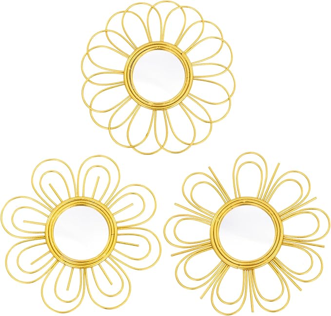 Gold Mirrors 3 Piece, 9 inch Flower-Shaped Mirror Hanging Wall Decor, Valentine Decorative Mirror Wall Art, Round Mirrors for Bedroom,Living Room,Bathroom, House Warming Valentine Gifts