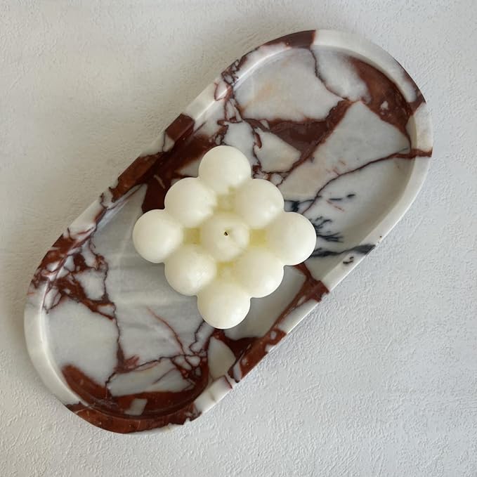 Natural Marble Oval Tray Ornaments Vintage Small Tray Storage Dish for Counter, Vanity, Dresser, Nightstand and Desk (Calacatta Red)