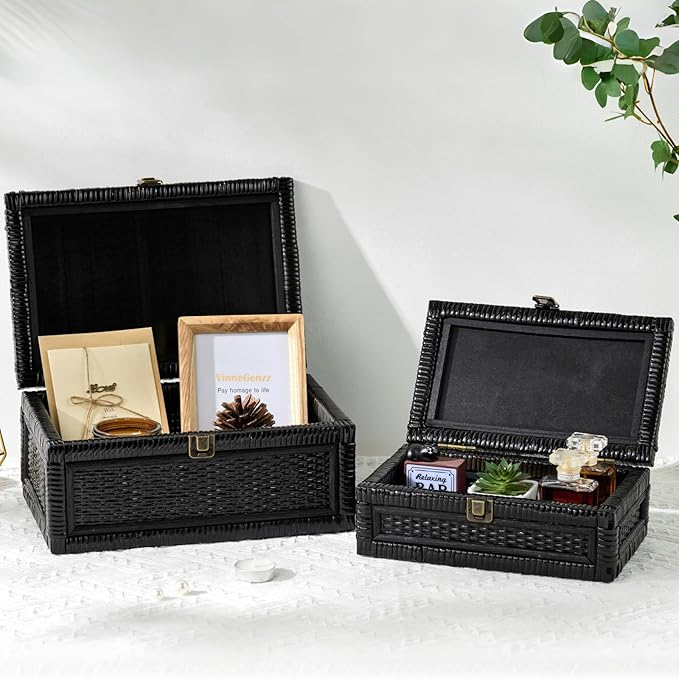 2PCS Rattan Boxes with Lid Decorative Natural Handmade Boho Baskets Woven Wicker Cane Bin Keepsake Memory Jewelry Rectangular Desk Shelf Closet Organizer Container (Black, 1 Large 1 Small)
