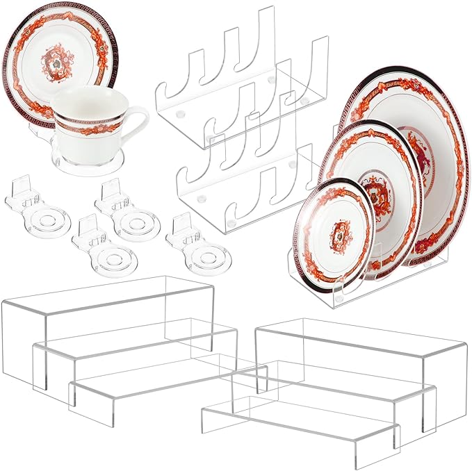 Teenyyou 12 Pcs Acrylic China Display Stand Set Include 6 Clear Rectangular Acrylic Dinnerware Display Shelves 2 Pcs 3 Tier Plate China Stand 4 Teacup Saucer Rack for Tableware Organizer Candy Dessert