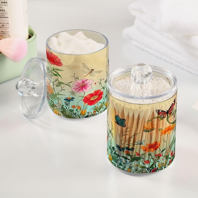 2 Pack Qtip Holder Dispenser for Cotton Ball Dragonfly Butterfly Tulip Flower Swab Round Pads Clear Plastic Acrylic Jar Set Bathroom Canister