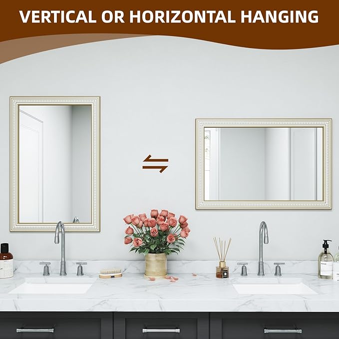 Reflinto 36x24 Inch Rustic Farmhouse Rectangular Wall Mirror, Wooden Rectangle Decorative Mirrors for Bathroom Over Sink, Living Room, Entryway, Foyer - Horizontal/Vertical Mount