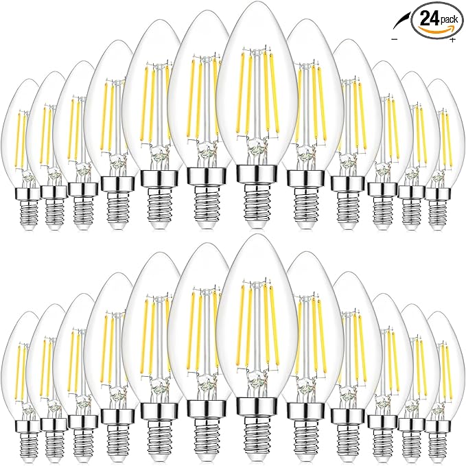 24-Pack Dimmable E12 LED Candelabra Bulbs 60W Equivalent, 5000K Daylight White, 600 Lumens B11 Candle Base 6W C35 LED Filament Vintage Light Bulbs, Clear Glass for Chandelier Ceiling Fan High CRI 90+