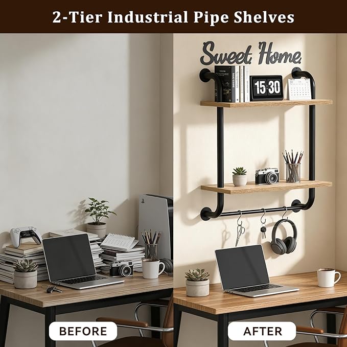 Tinpin Bathroom Shelves Wall Mounted, Rustic Farmhouse Pipe Shelves, 2-Tier, Industrial Shelving Over Toilet, Floating Shelf Decor for Bathroom, Kitchen, Bedroom, Living Room 17.3 inch