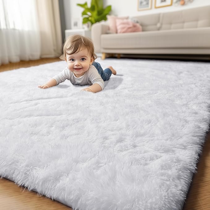 White Runner Area Rugs for Bedroom, Shag Fluffy Bedside Rug for Living Room, Modern Furry Shaggy Throw Rug for Kids Room, Teen Girls, Dorm, Baby Nursery, Cute Fuzzy White Carpet, 3x5 Rug, Home Decor
