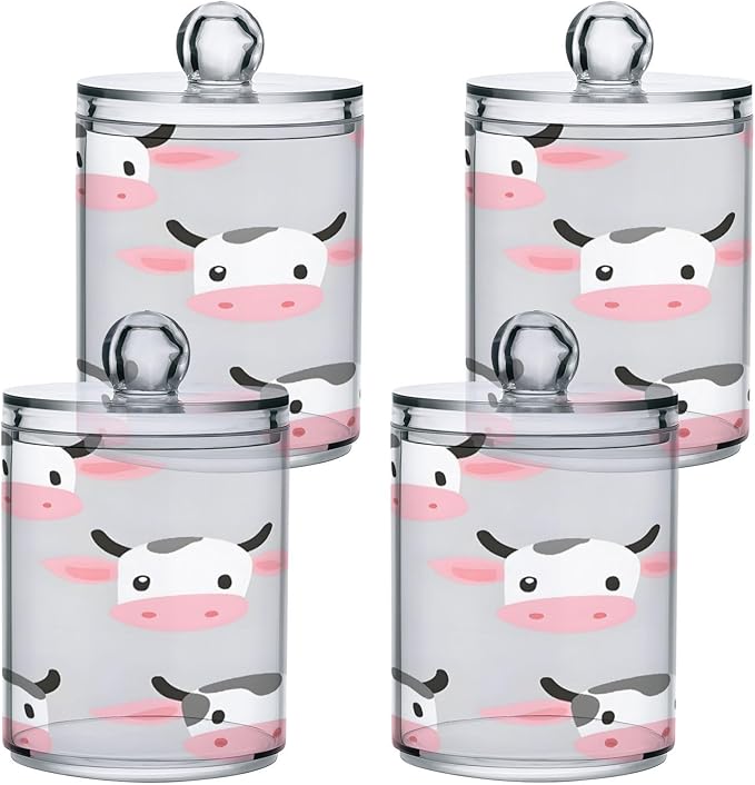 Nander 4Pack Cute Cartoon Cow Qtip Holder Dispenser -Clear Plastic Apothecary Jars Set - Restroom Bathroom Makeup Organizers Containers for Cotton Swab, Ball, Pads, Floss