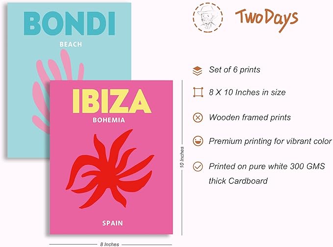 TwoDays Preppy Room Décor Aesthetic - Preppy Posters, Teen Girl Room Wall Art, Travel Prints & Aesthetic Designs (8" x 10", Set of 6, Wooden Framed)