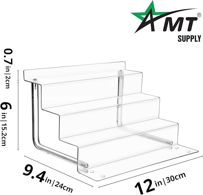 AMT Acrylic Riser Display Stand, 100% Acrylic Clear 4-Tier Organizer for Figures, Cupcake, Perfume, Sunglasses (12 inch x 2.4 inch) 2-pack