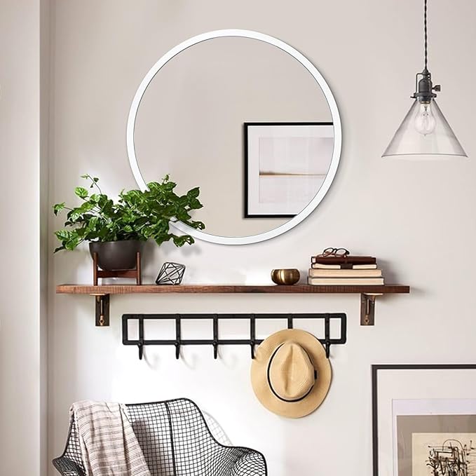 JJUUYOU Round Wall Mirror 16 Inch Circle Wall Mirror for Bathroom, White Circular Mirror Washroom Wall Mounted Metal Frame Mirror for Living Room, Bedroom, Dorm
