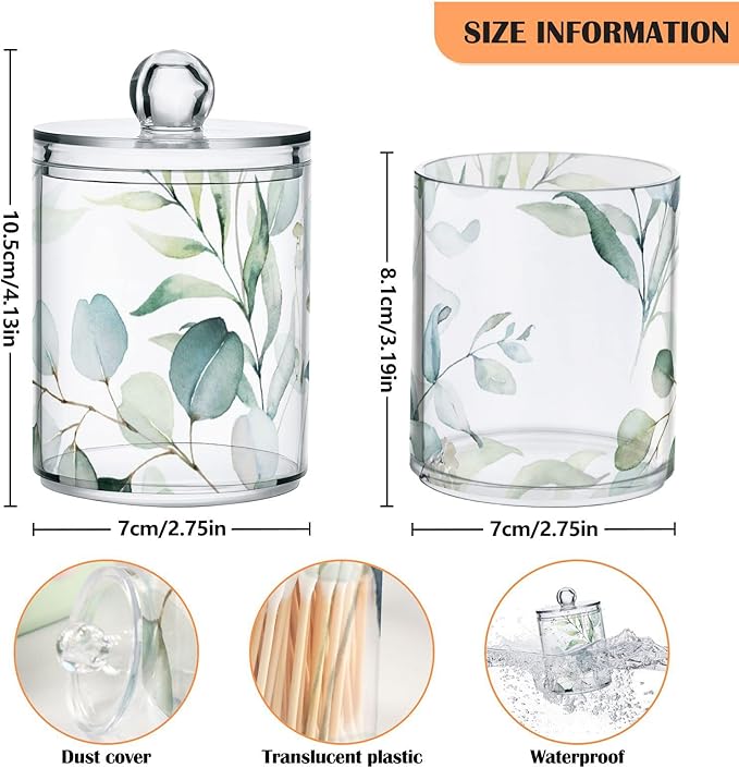 4 Pack Qtip Holder Dispenser Watercolor Green Eucalyptus Leaves Cotton Ball Cotton Swab Round Pads Floss Clear Bathroom Storage Containers Plastic Apothecary Jars with Lids