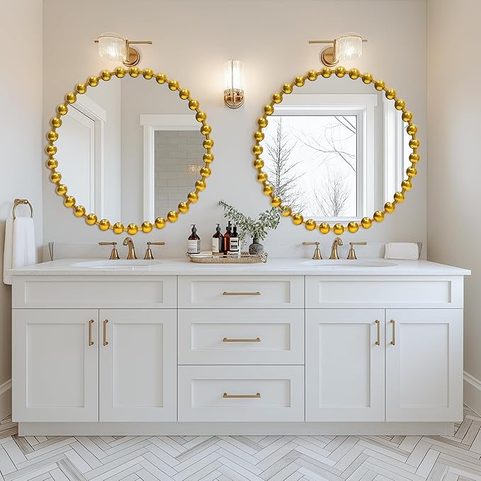 Round Gold Mirror 30'', Beaded Mirror for Wall Decor Large Circle Mirror for Bathroom, Dining Roon, Bed Room, Entryway