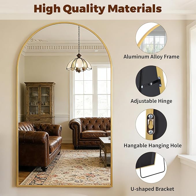 BEAUTYPEAK 86"x40" Large Arch Mirror Full Length, Oversized Wall Mirrors with Aluminum Alloy Frame, Full Body Floor Mirror for Bedroom, Dressing Room, Gold