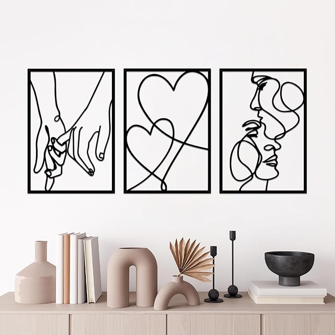 3 Pieces Metal Minimalist Line Wall Art, Valentine's Day Lover Kiss Hand Metal Wall Decor, Aesthetic Modern Home Hanging Wall Art Decor for Bedroom Bathroom Living Room
