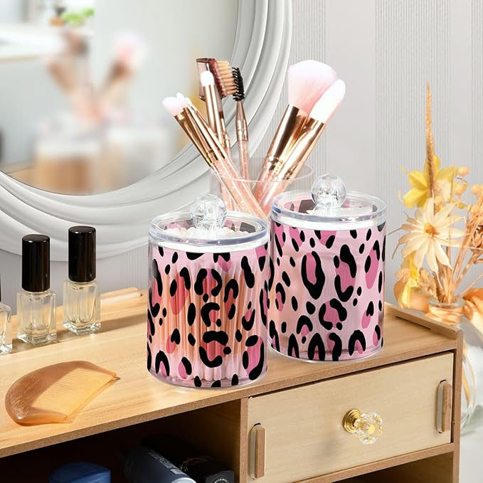 2 Pack Qtip Holder Dispenser for Cotton Ball Pink Leopard Print Cheetah Cotton Swab Round Pads Clear Plastic Acrylic Jar Set Bathroom Canister