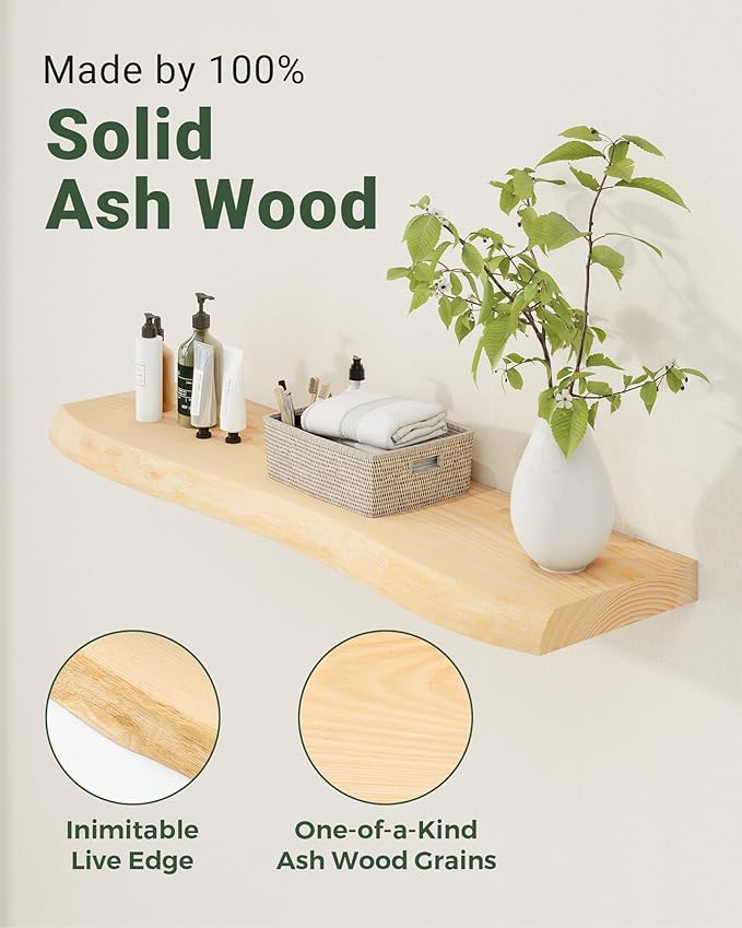 Axeman 36" Solid Wood Floating Shelves for Wall Decor, USA-Sourced Rustic Ash Wood Live Edge Shelf with Upgraded Heavy Invisible Bracket, Wall Mounted Shelf for Kitchen Bathroom Living Room, Natural