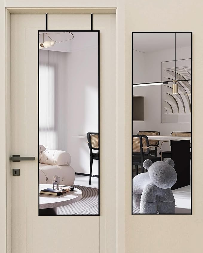 DMWOODFL 48"x14" Over The Door Full Length Mirror - Wall Mounted or Hanging with 2 Metal Hooks, Space-Saving Black Mirror for Bedroom, Bathroom, Living Room Decor