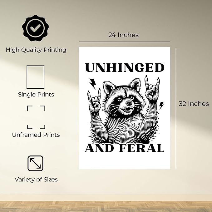 InkFlow Posters Feral Raccoon Fun Poster - Wildlife Illustration - Playful Animal Design - Home Wall Decor Accent - Gift for Humor Lovers - 24x32 Unframed Canvas Print