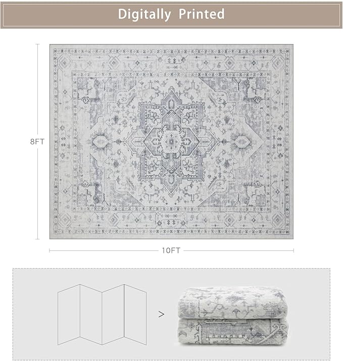 Srugn Area Rug 8x10 Washable Area Rugs for Living Room- Ultra Soft Non-Shedding Faux Wool Bedroom Rug Large Grey Vintage Print Rugs with Non Slip Rubber- Indoor Retro Foldable Carpet for Dining Room