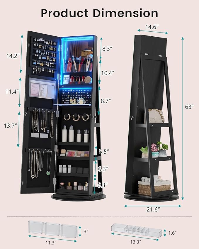 Vlsrka 360° Swivel Mirror Jewelry Cabinet with Lights, Large Jewelry Armoire Cabinet Standing, Lockable Free length Mirror with Storage, Rear Storage Shelves, Black